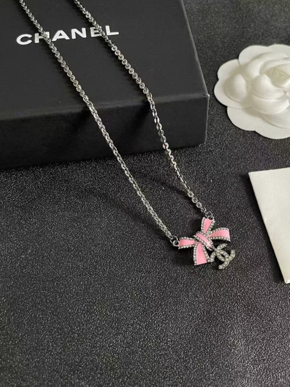 Chanel Pink Bow & Crystal CC Logo Silver Necklace